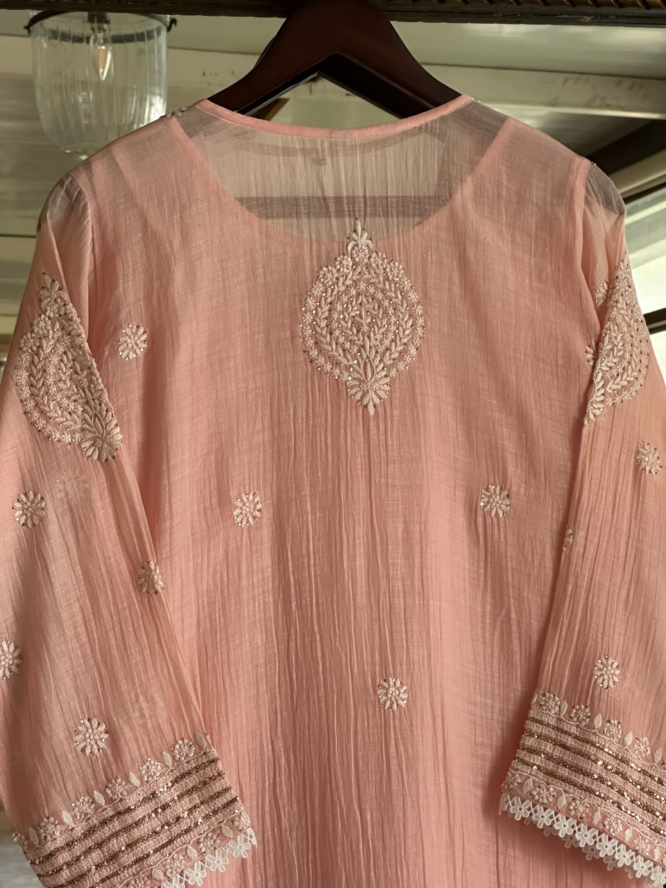 Peach Mal Heavy Chikankari Yoke Kurta Set with Kamdani Mukaish