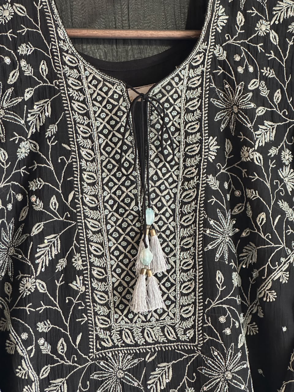 Black Mul Chanderi Chikankari Kurta Set with Pearl & Sequin Work