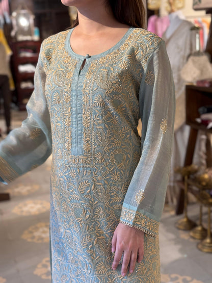Cement Shade Tissue Silk Chikankari Straight Cut Kurta Dupatta Set