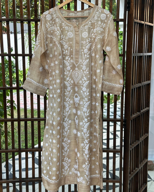 Natural Beige Tussar Silk Chikankari Ready to Wear Kurta