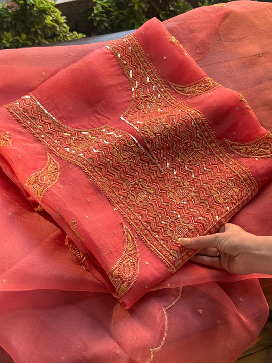 Peach Shade Noor Organza Silk Chikankari Unstitched Fabric