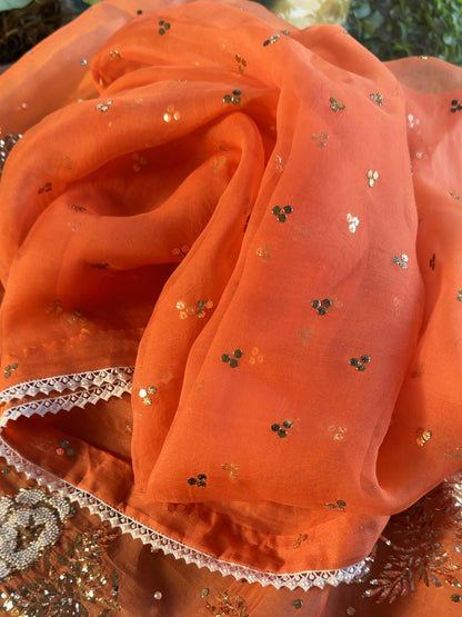 Orange Noor Organza Silk Mukaish Pearl Chikankari Unstitched Fabric