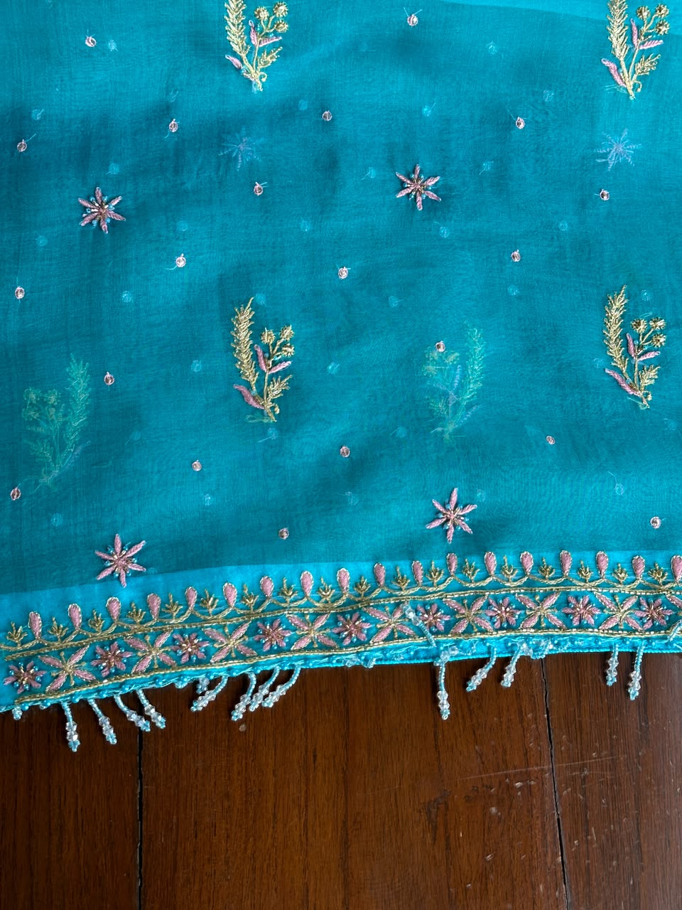 Peacock Blue Organza Banarasi Silk Chikankari Unstitched Kurta Dupatta Set