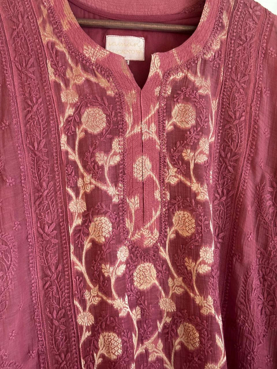 Maroon Zari Chanderi Chikankari A Line Kurta with Slip