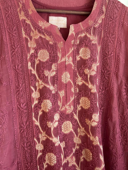 Maroon Zari Chanderi Chikankari A Line Kurta with Slip