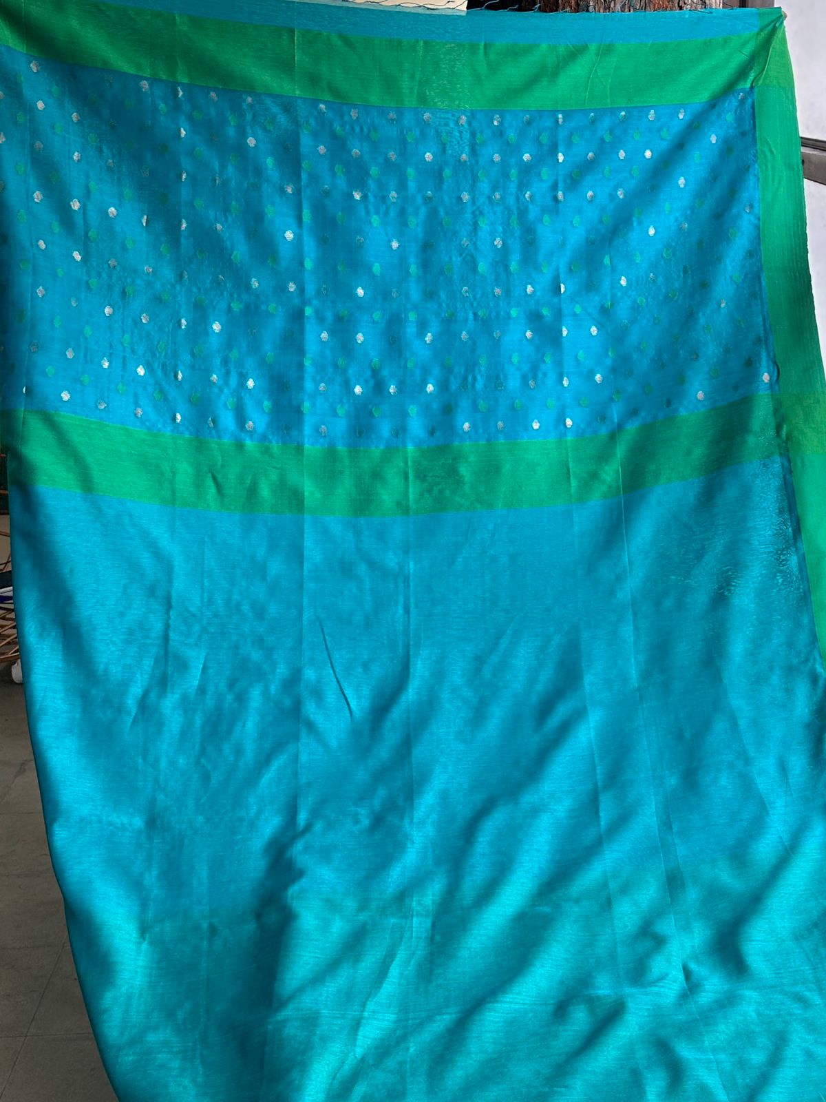 Blue Woven Butta Saree with Contrast Green Border