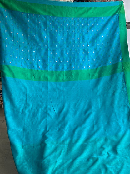 Blue Woven Butta Saree with Contrast Green Border