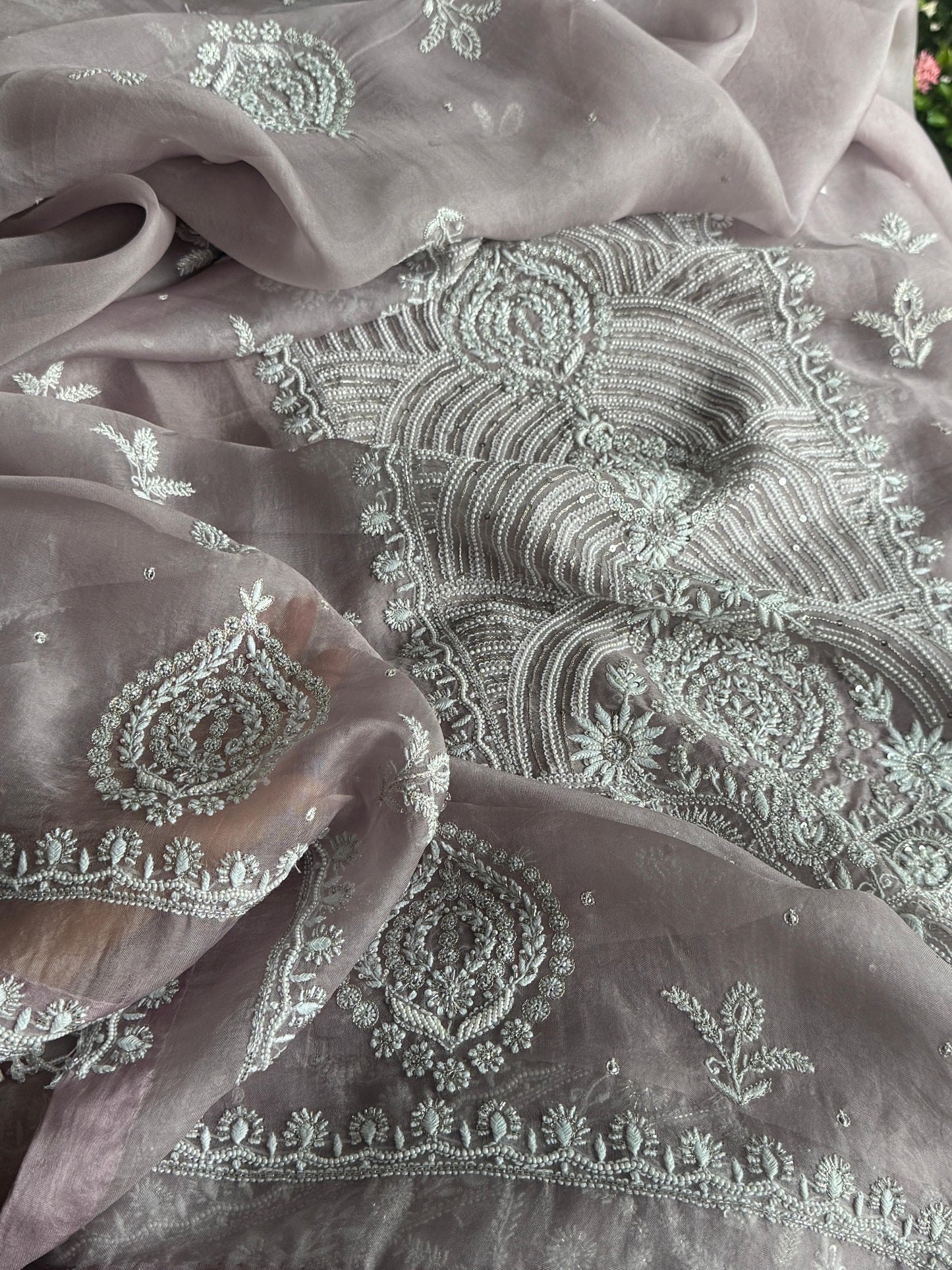 Old Lavender Shade Noor Banarasi Organza Chikankari Unstitched Fabric