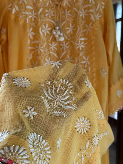 Mustard Yellow Shade Kota Applique Chikankari Kurta Dupatta Set