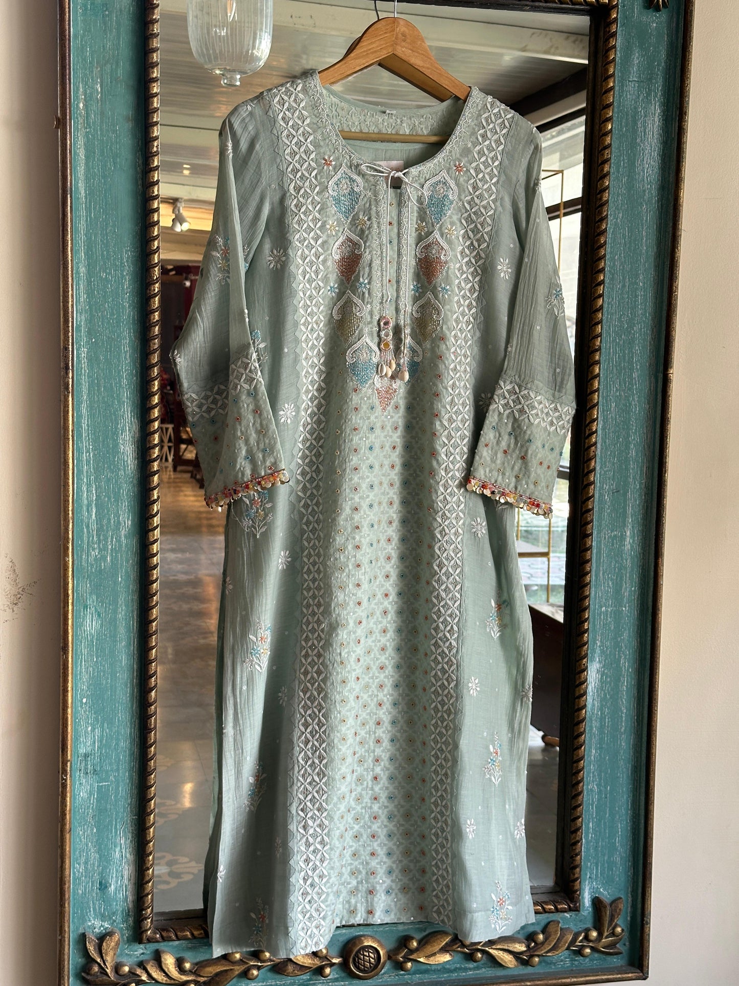 Mint Green Shade Jacquard Sequins Chikankari Kurta Set