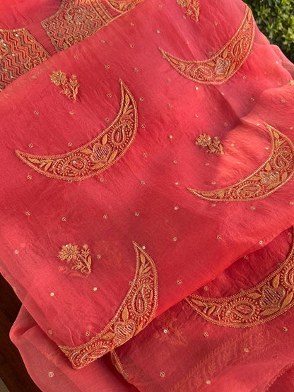 Peach Shade Noor Organza Silk Chikankari Unstitched Fabric