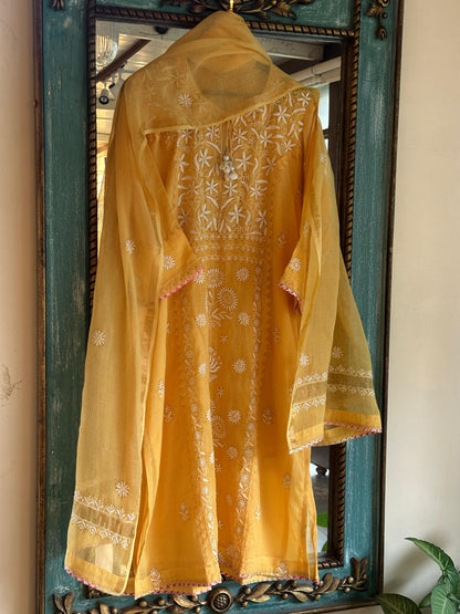 Mustard Yellow Shade Kota Applique Chikankari Kurta Dupatta Set