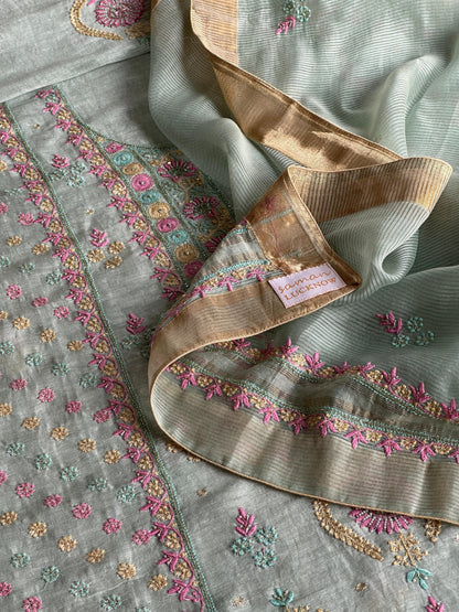Pastel Mint Shade Rasm Silk Chikankari With Ari Work Unstitched Kurta Dupatta Set