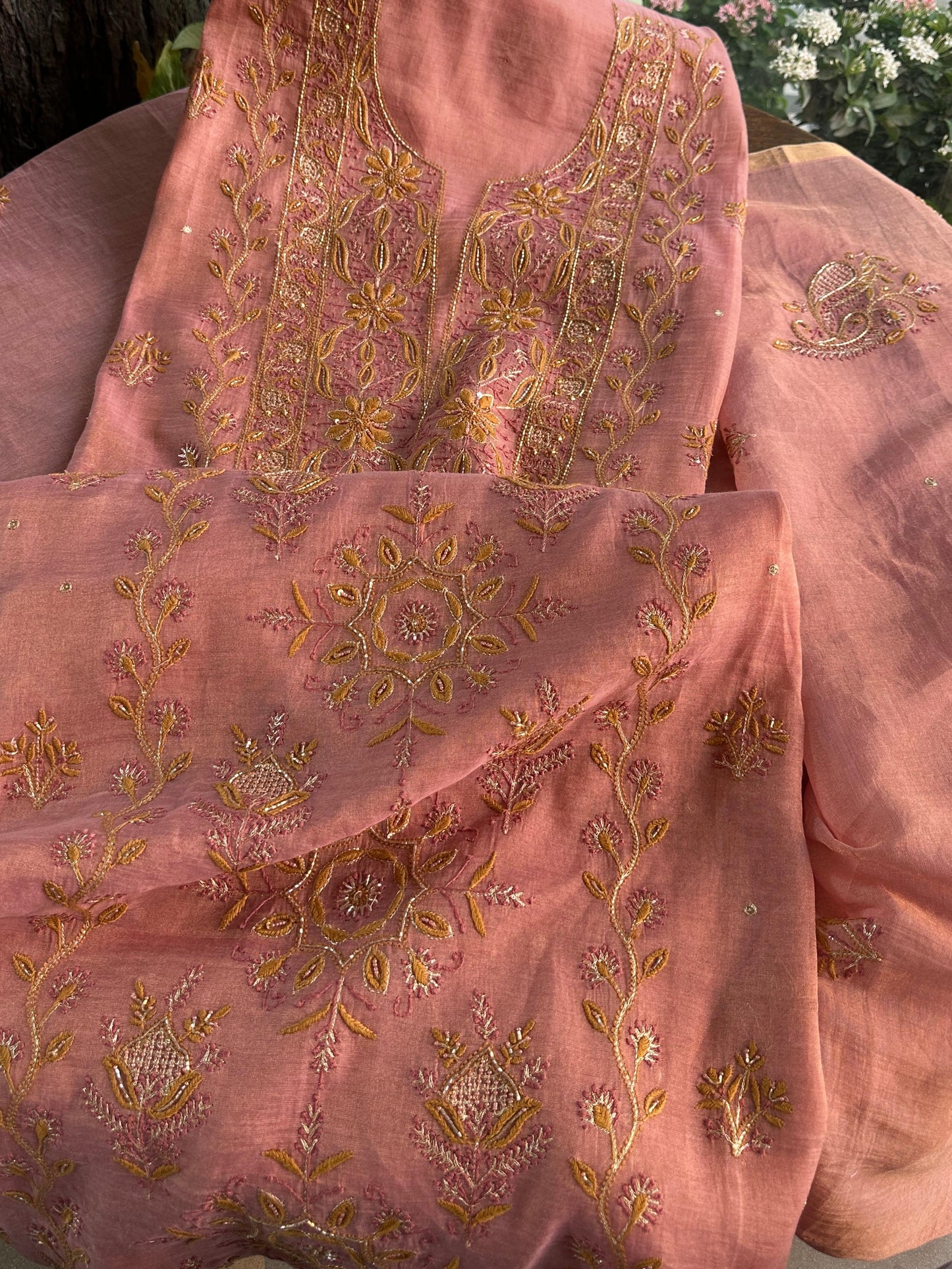 Rose Pink Shade Roheen Tissue Silk Chikankari Unstitched Fabric