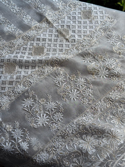 White Noor Organza Banarasi Silk Chikankari Unstitched Kurta Dupatta Set