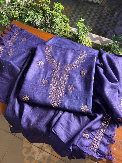 Purple Shade Roheen Tussar Silk Mukaish Badla Unstitched Fabric