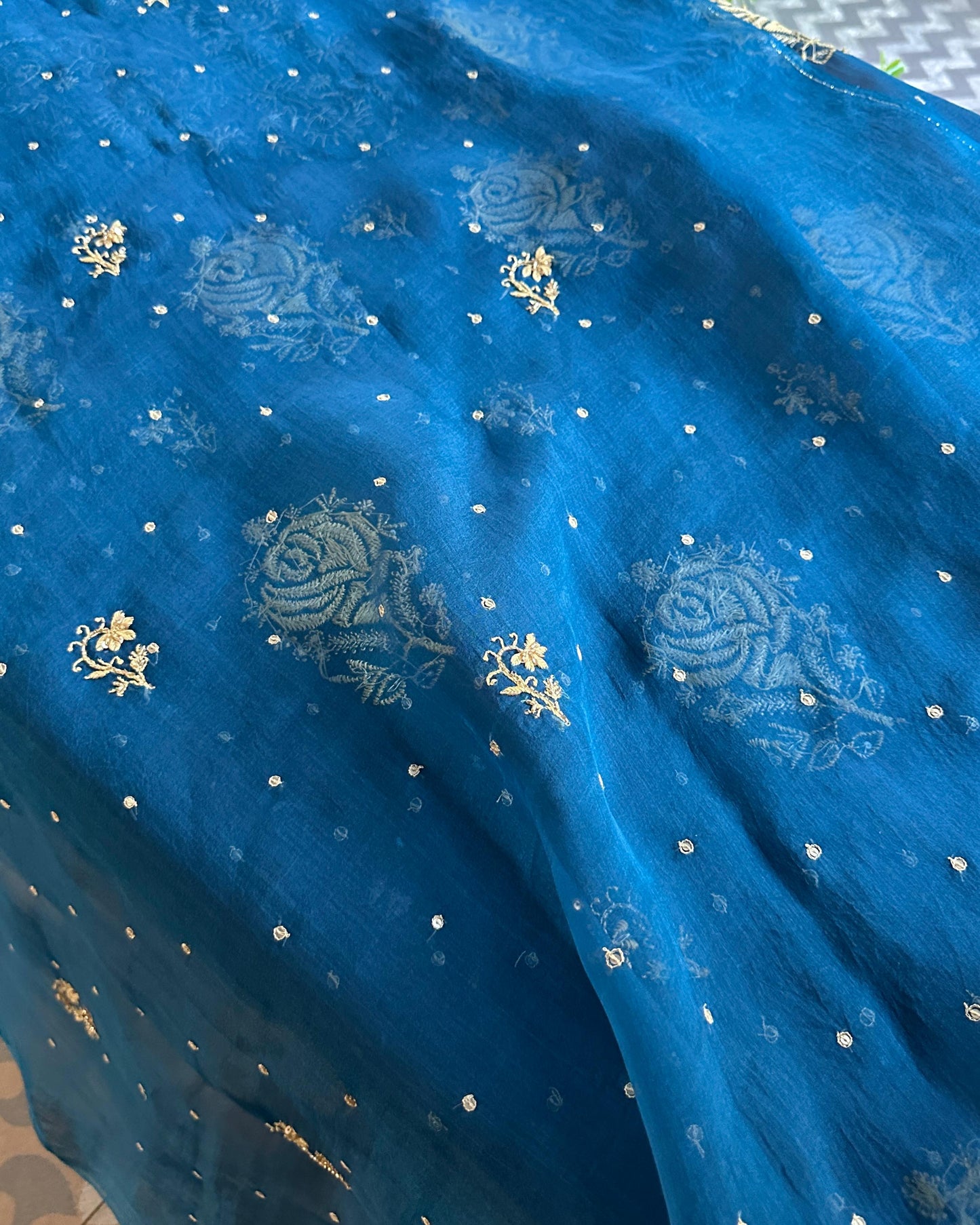 Prussian Blue Noor Organza Silk Chikankari Unstitched Kurta Dupatta Set