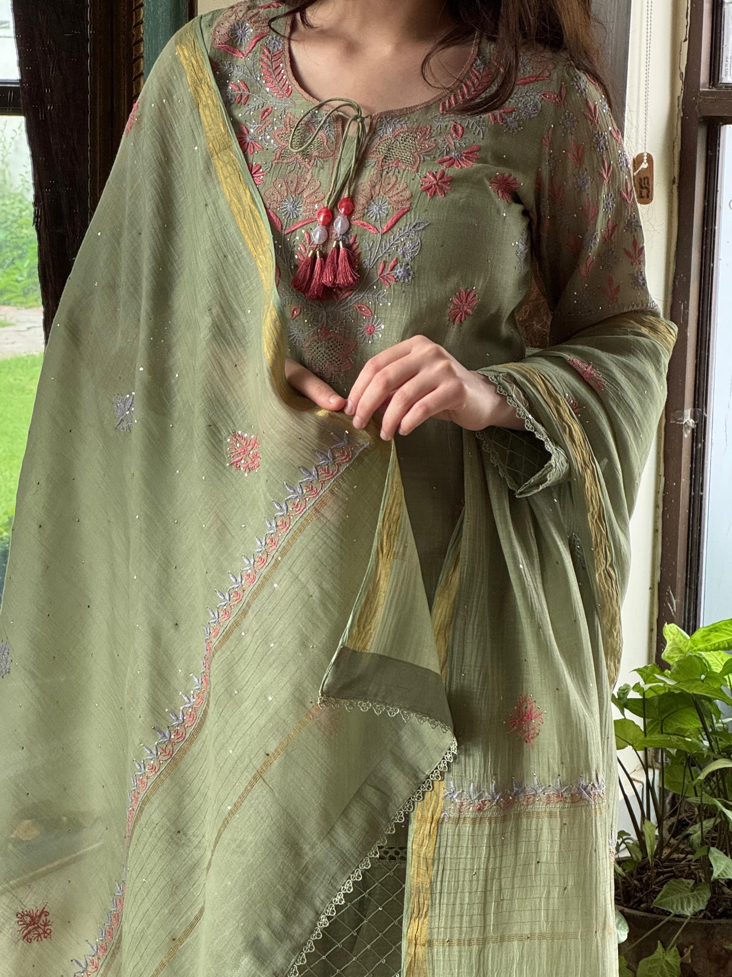 Green Shade Mul Chanderi Chikankari Farshi Sets