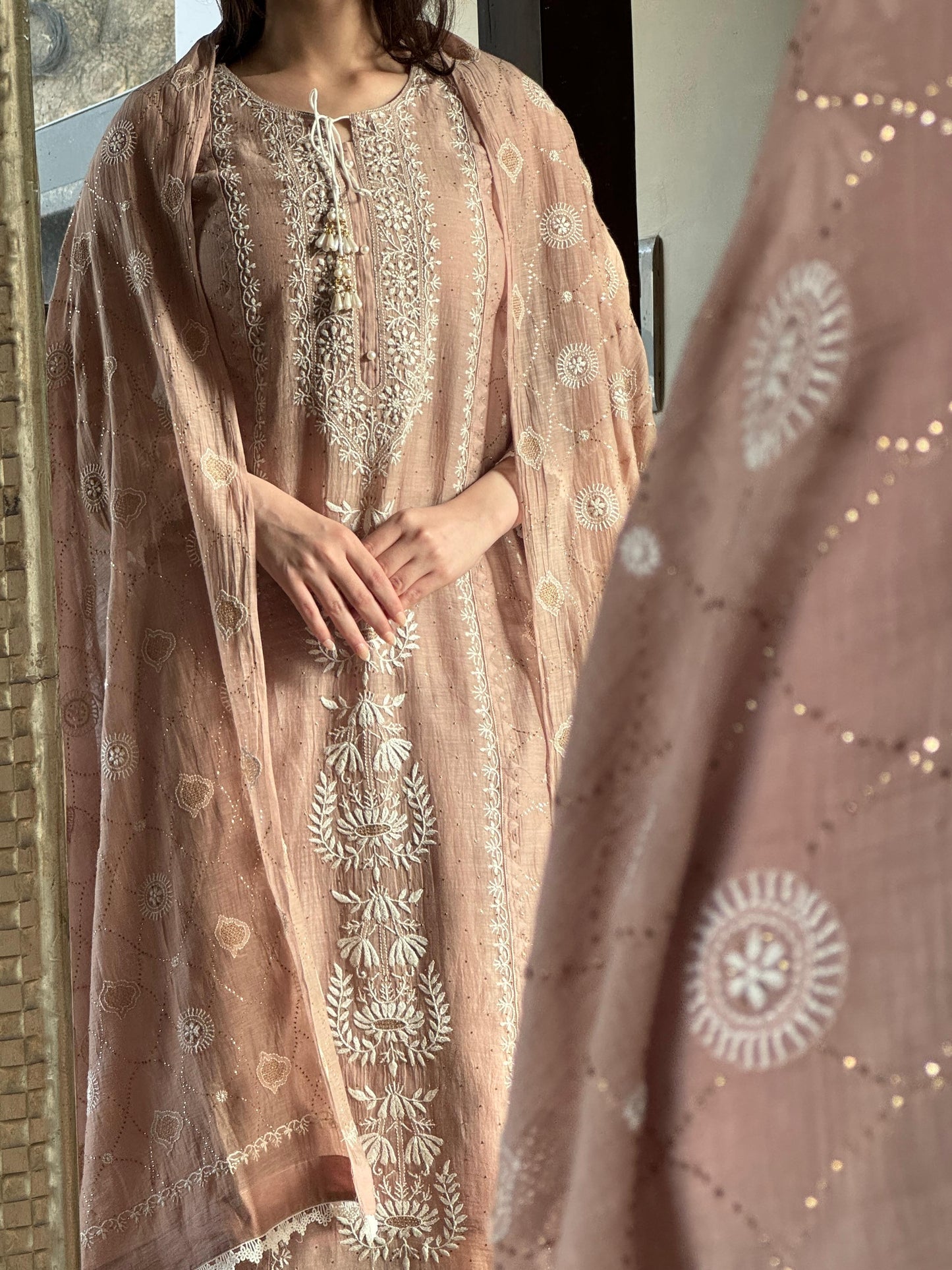 Nude Rose Mul Chanderi Mukaish Kamdani Chikankari Kurta Dupatta Set
