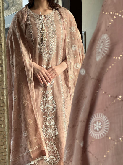 Nude Rose Mul Chanderi Mukaish Kamdani Chikankari Kurta Dupatta Set