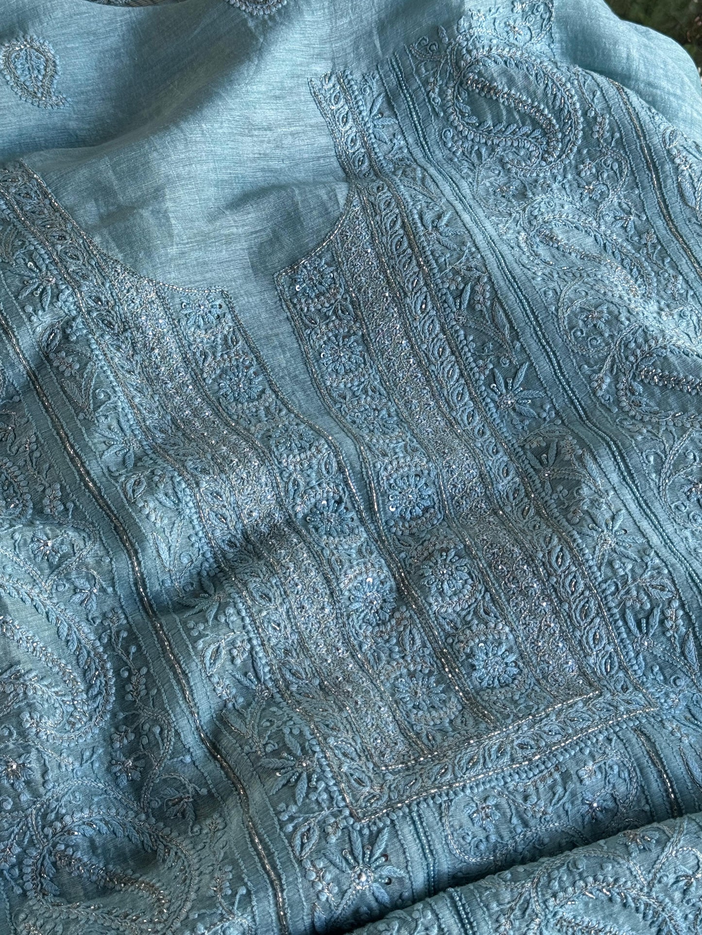Sky Blue Shade Linen Silk Chikankari With Ari Work Unstitched Kurta Dupatta Set
