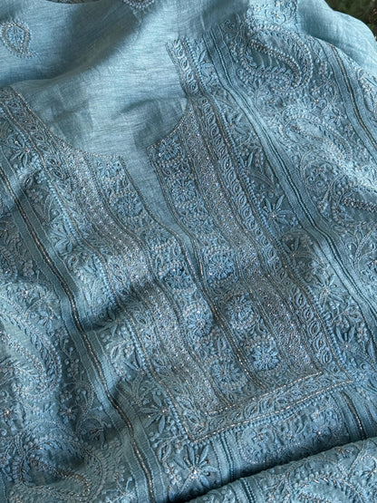 Sky Blue Shade Linen Silk Chikankari With Ari Work Unstitched Kurta Dupatta Set