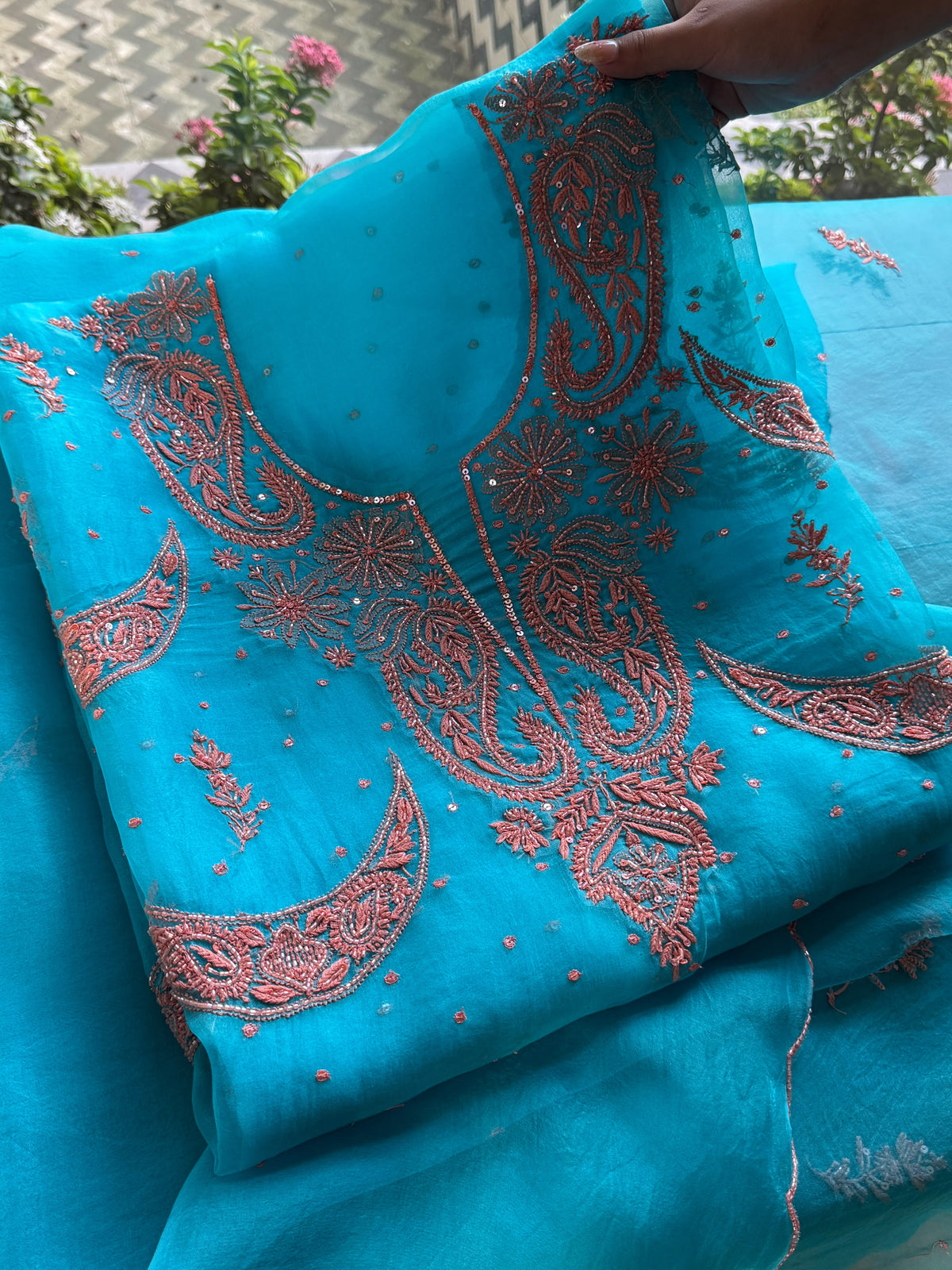 Peacock Blue Noor Organza Silk Chikankari Unstitched Kurta Dupatta Set