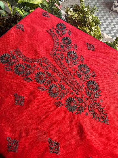 Red & Grey Kota Chikankari Unstitched Fabric