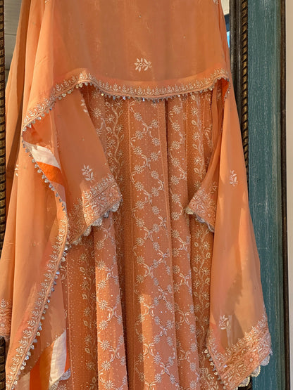 SAFFRON PEACH TUKDI CHIKANKARI ANARKALI