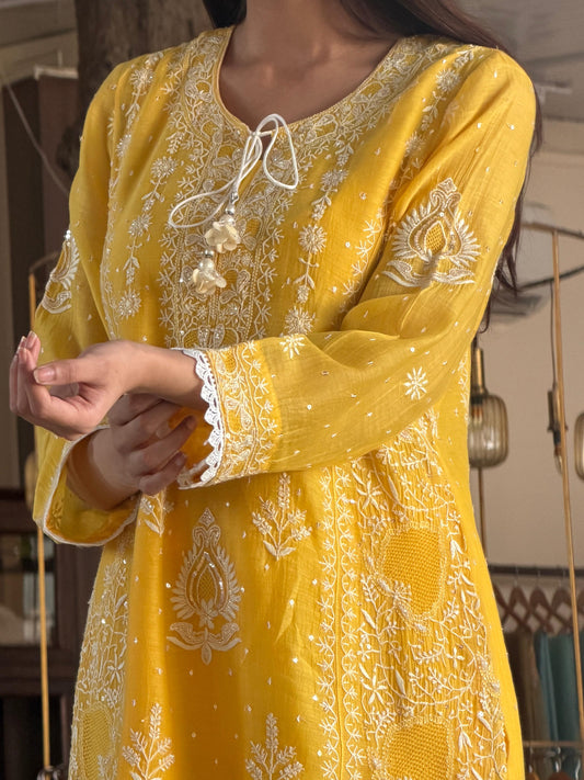 Yellow Malmal Pearl Work Chikankari Kurta With Dupatta