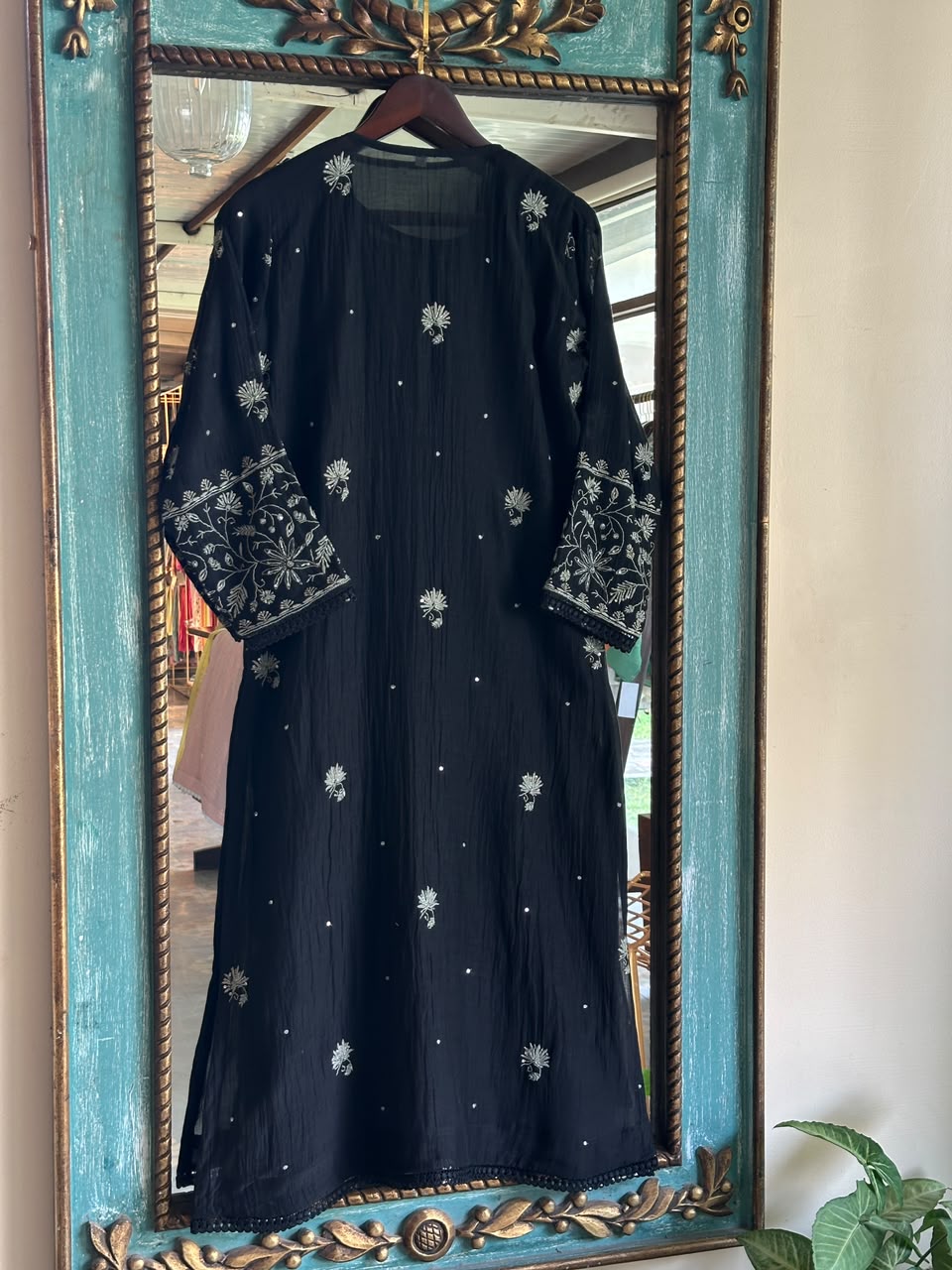Black Mul Chanderi Chikankari Kurta Set with Pearl & Sequin Work