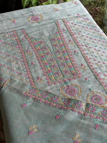 Pastel Mint Shade Rasm Silk Chikankari With Ari Work Unstitched Kurta Dupatta Set