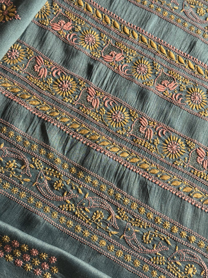 Blue Shade Moonga Silk Chikankari Men’s Kurta Fabric
