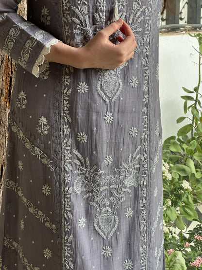 Grey Shade Malmal Mukaish Kamdani Chikankari Kurta Set