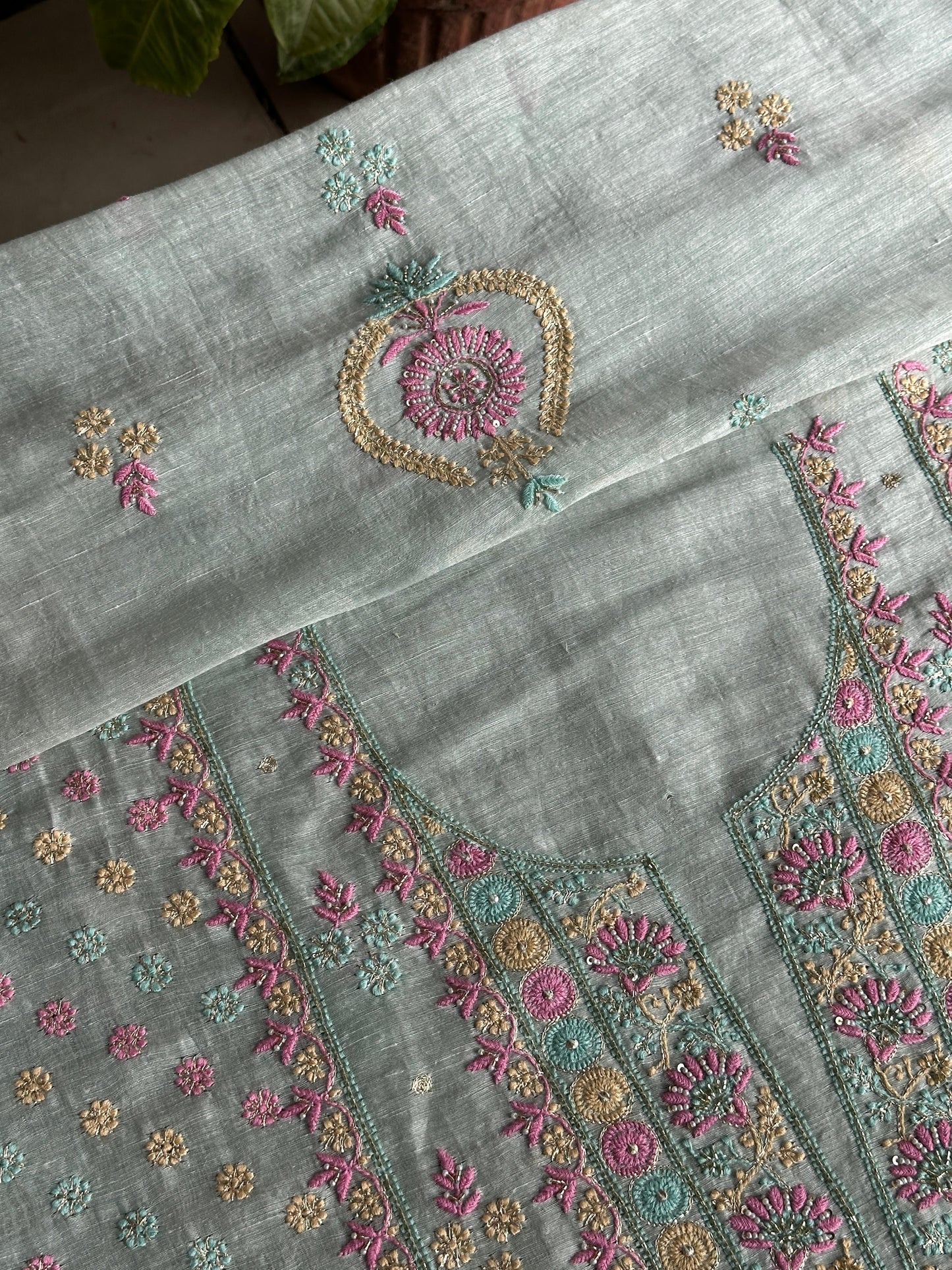 Pastel Mint Shade Rasm Silk Chikankari With Ari Work Unstitched Kurta Dupatta Set