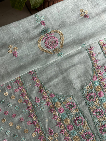 Pastel Mint Shade Rasm Silk Chikankari With Ari Work Unstitched Kurta Dupatta Set