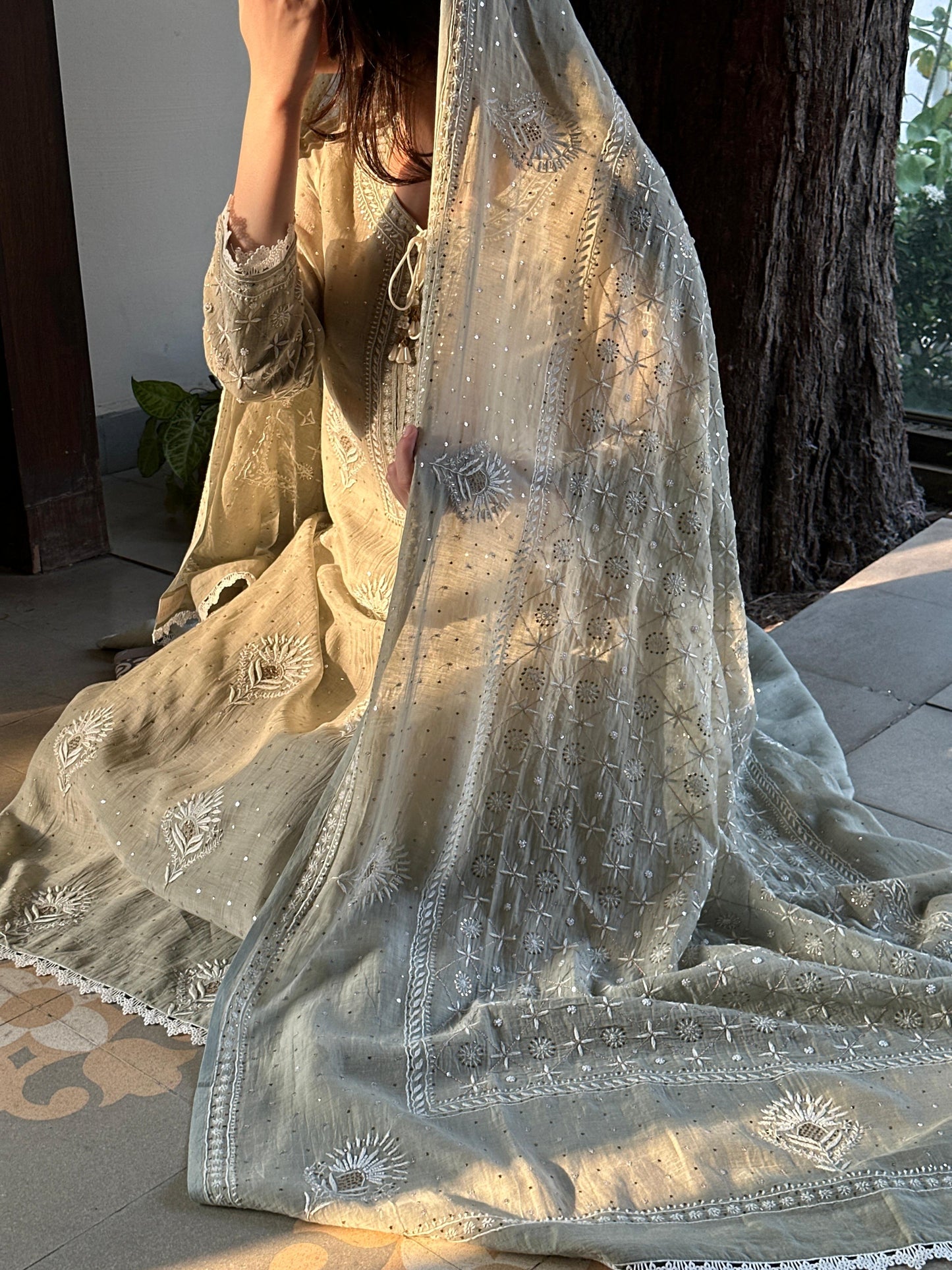 Grey Green Mulmul Pearl White Chikankari Kurta With Heavy Dupatta
