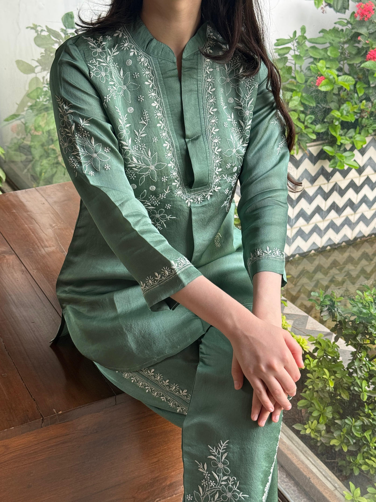 Slate Green Satin Shimmer Chikankari Co-Ord Set