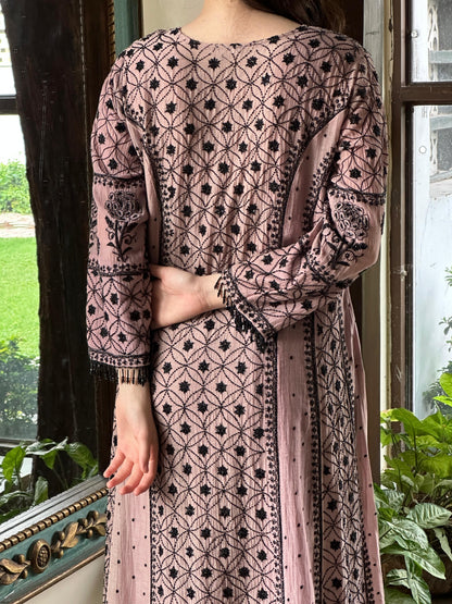 Plum Black Shade Malmal Pearl Work Chikankari Anarkali