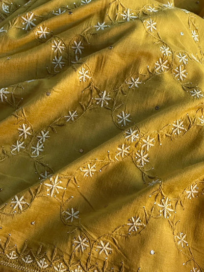 Mustard Yellow Shade Chanderi Chikankari Saree