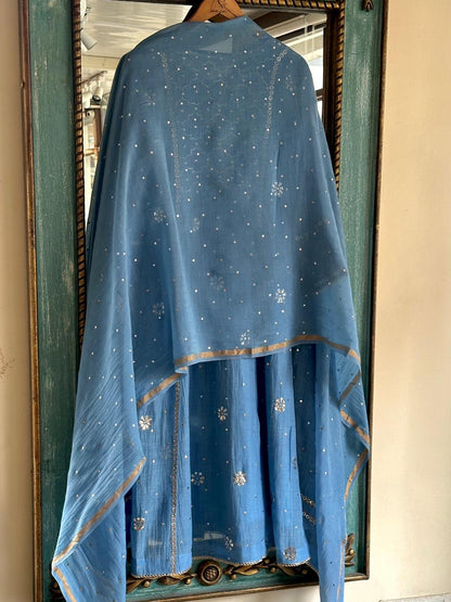 Powder Blue Shade Mukaish Mul Chanderi Silk Dress