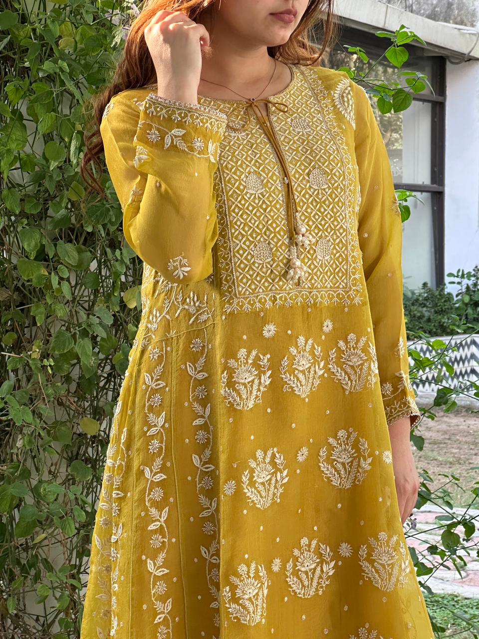 Yellow Noor Organza Chikankari Anarkali Kurta With Dupatta