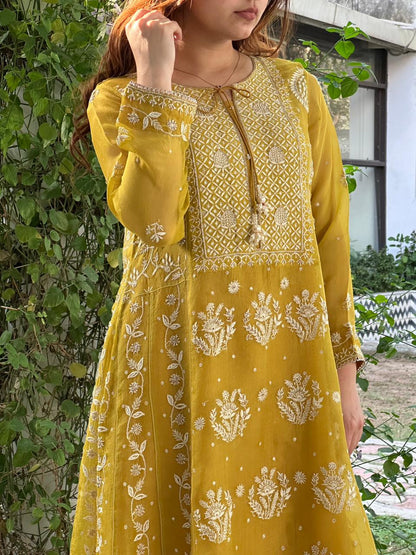 Yellow Noor Organza Chikankari Anarkali Kurta With Dupatta