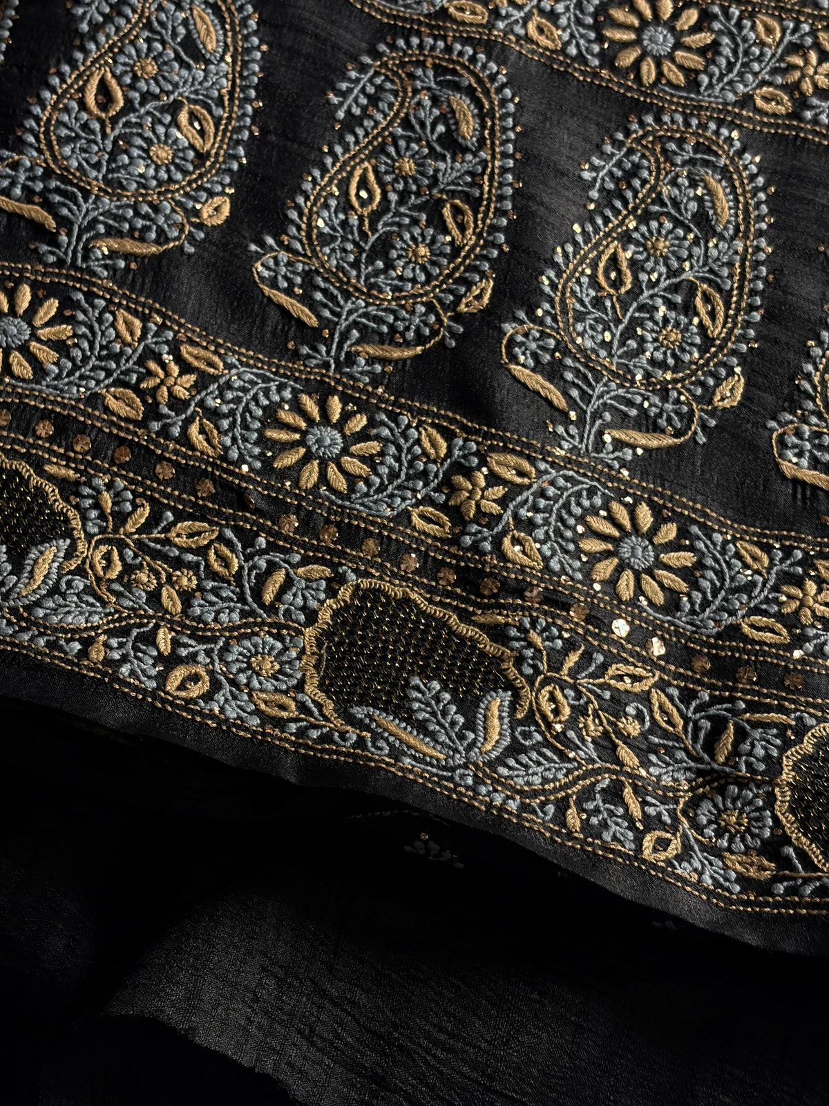 Black Shade Roheen Tussar Silk Chikankari Fabric