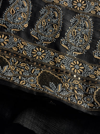 Black Shade Roheen Tussar Silk Chikankari Fabric