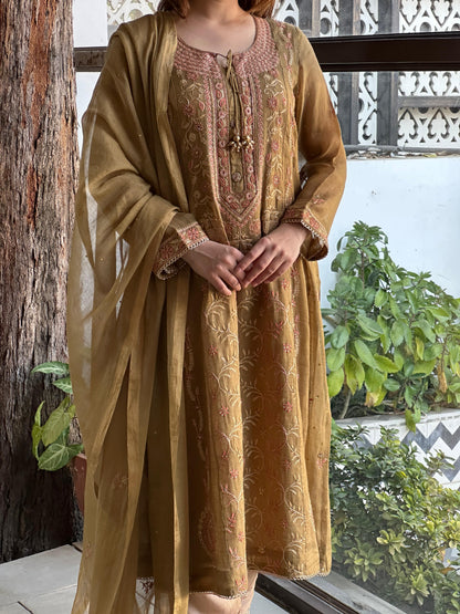 Mustard Shade Tissue Silk Chikankari Anarkali With Ari Work
