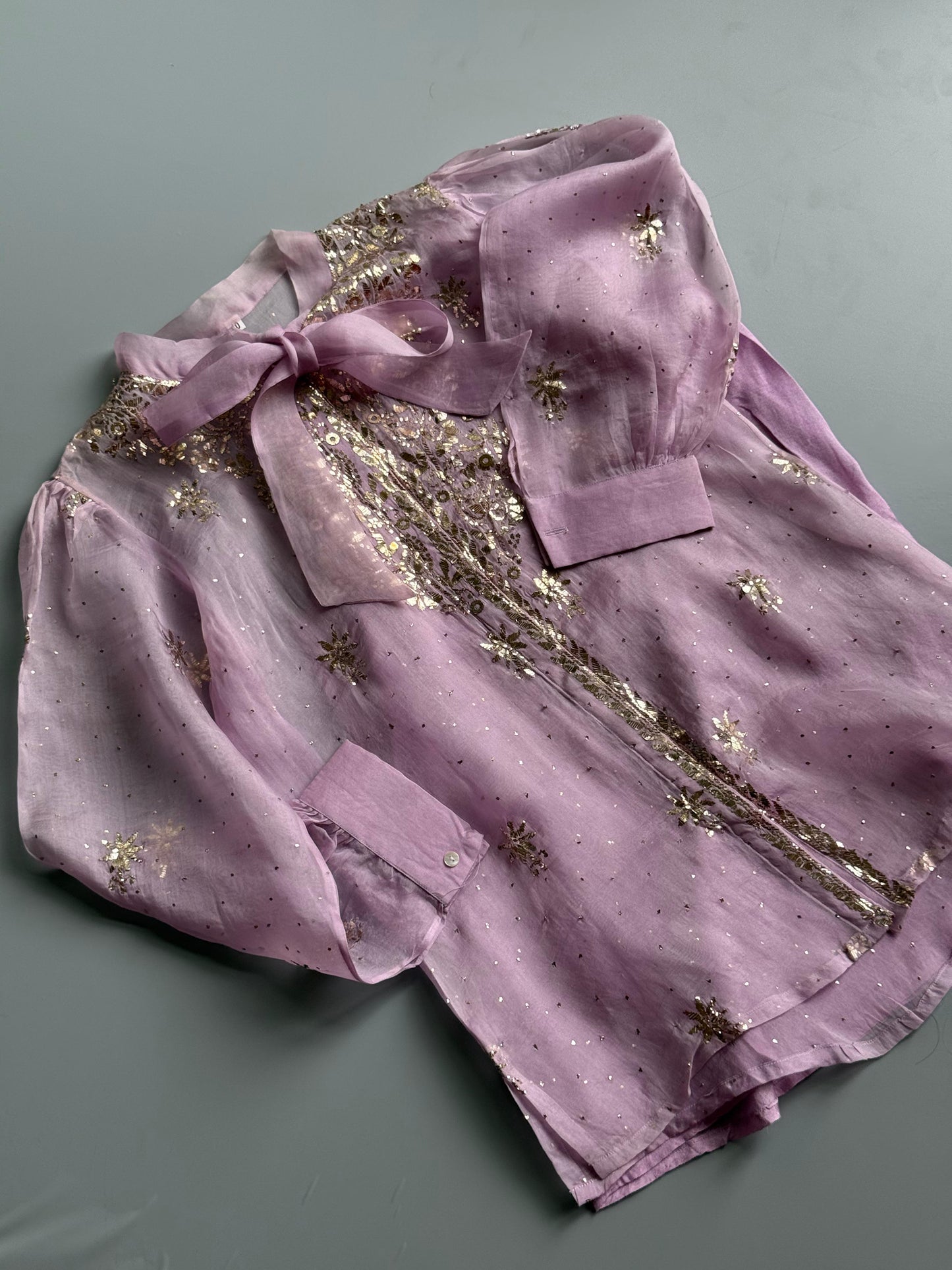 Lavender Noor Organza Mukaish Badla Short Top With Bow Tie