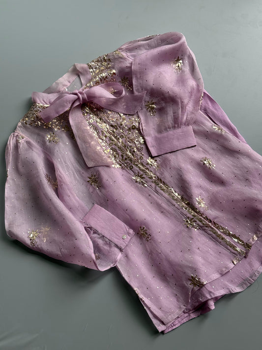 Lavender Noor Organza Mukaish Badla Short Top With Bow Tie