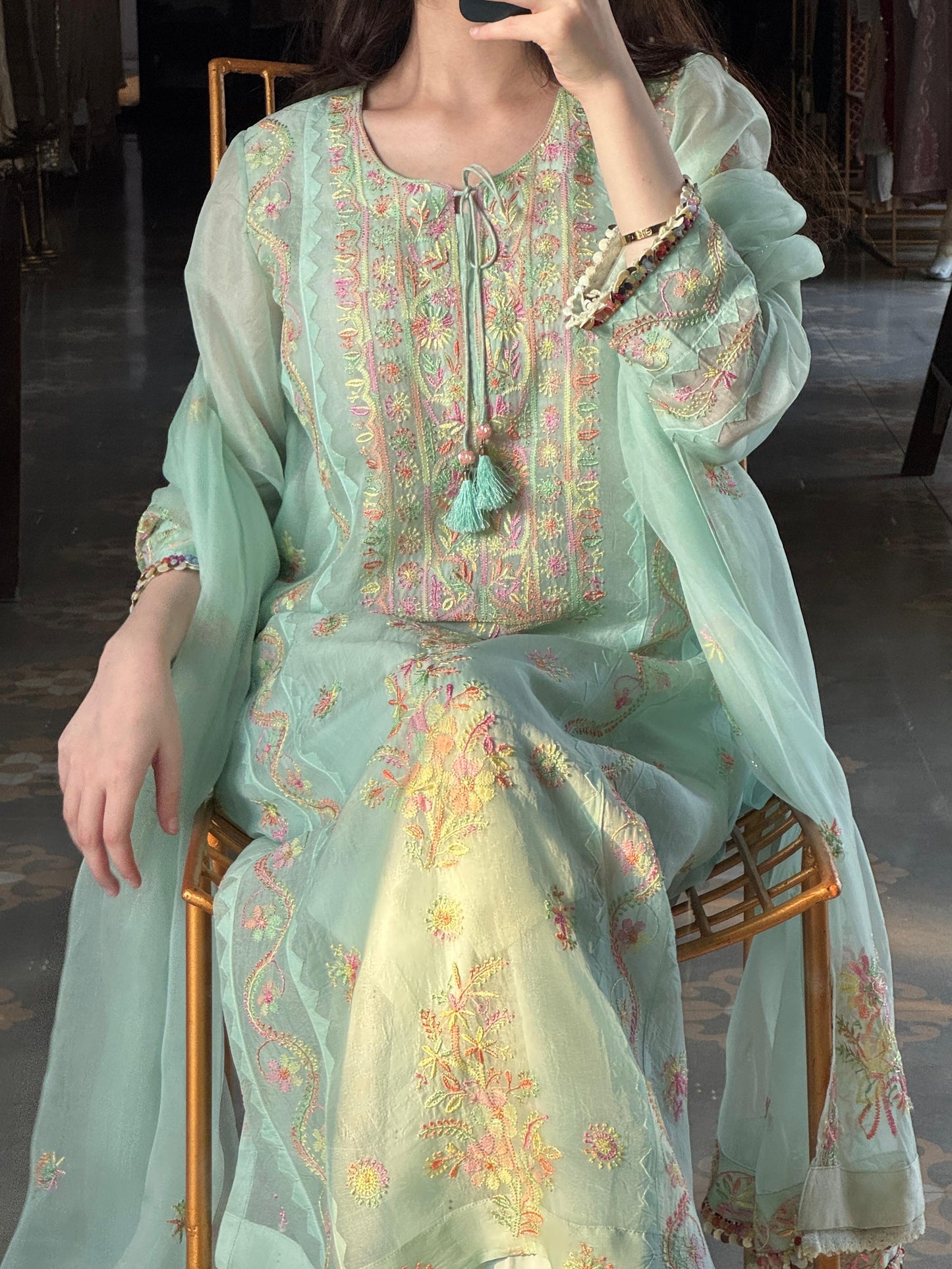 Mint Blue Multi Coloured Noor Organza Resham Chikankari Kurta Set