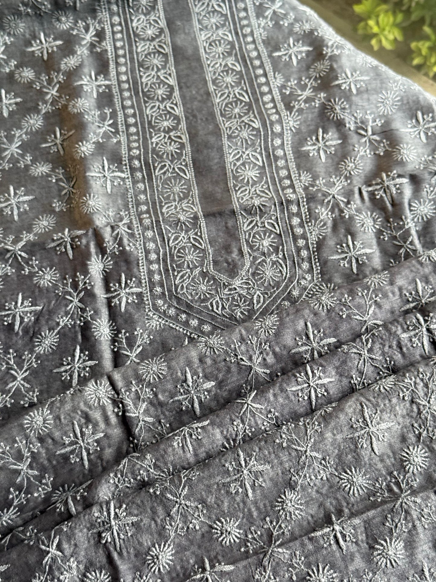 Grey Moonga Silk Chikankari Men’s Kurta Fabrics
